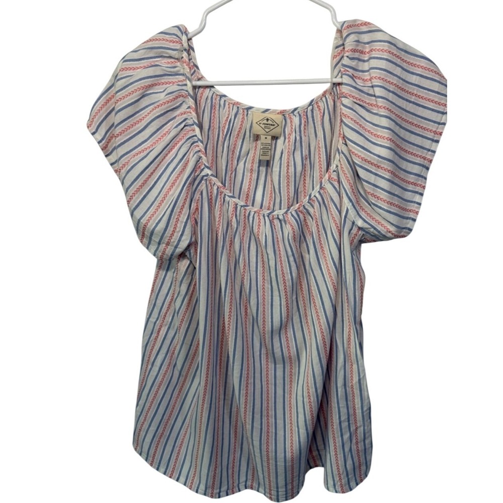 St. John's Bay White Puff Sleeve Striped‎ Blouse with Red & Blue Accents